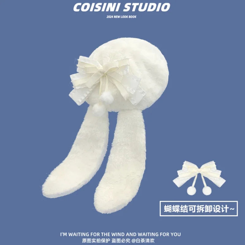 Boina Lolita Japonesa de Felpa con Orejas de Conejo y Lazo