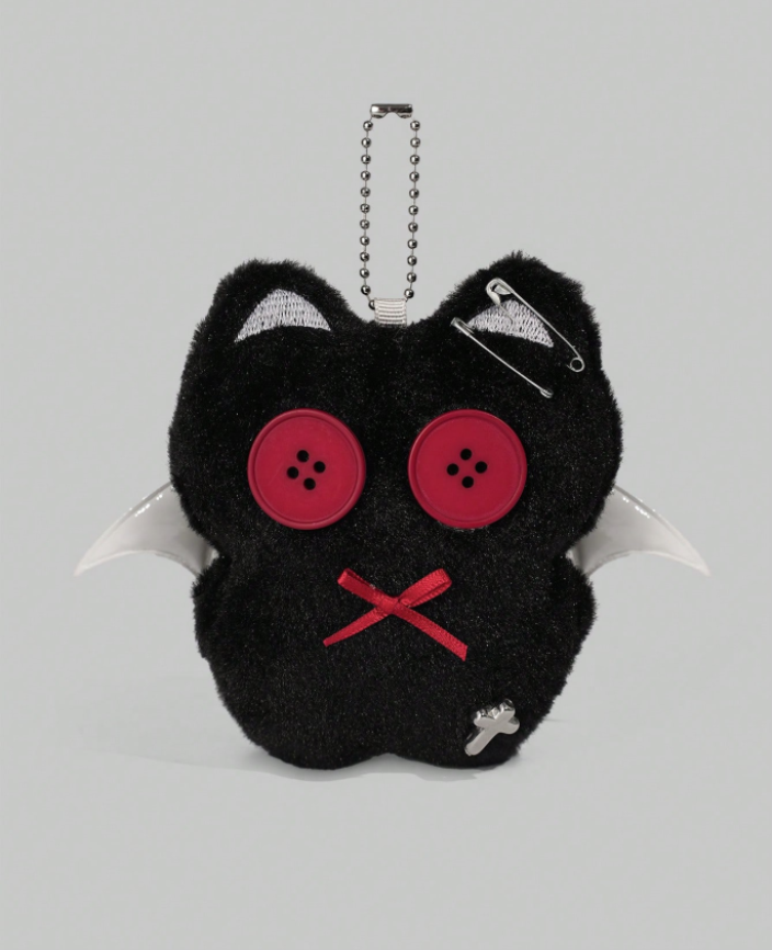 Llavero de peluche de gato negro con ojos de botón rojo