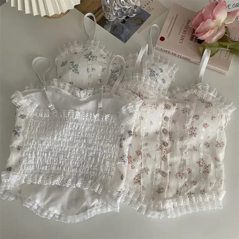 Blusa de Tirantes blanco de flores rosas con Encaje