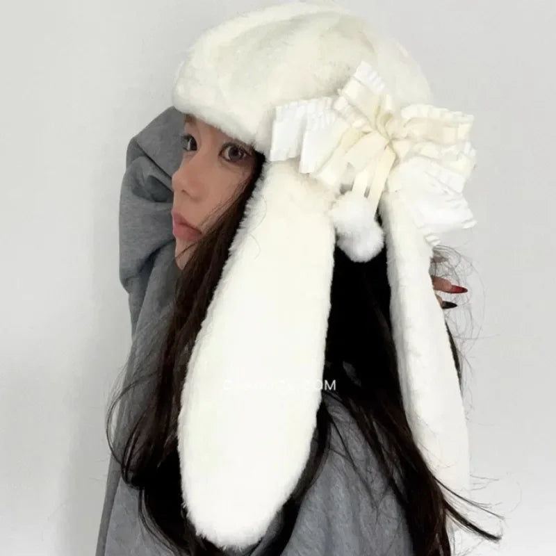 Boina Lolita Japonesa de Felpa con Orejas de Conejo y Lazo