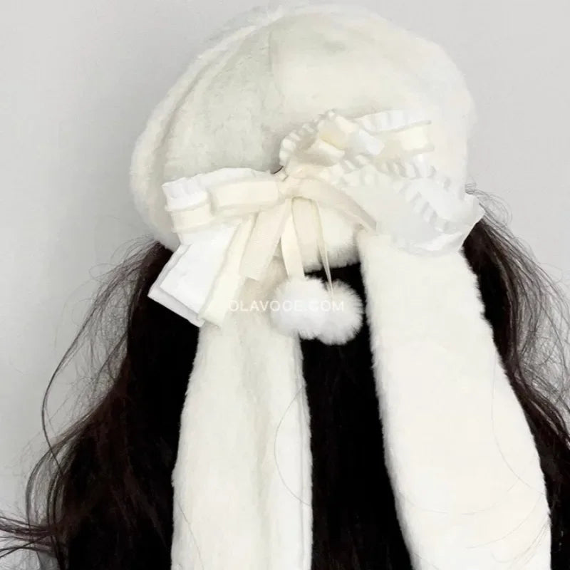 Boina Lolita Japonesa de Felpa con Orejas de Conejo y Lazo