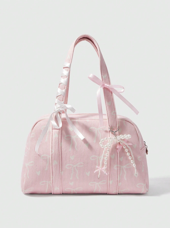 Bolso de Mano Kawaii Rosa de tela Corduroy con Moños blancos