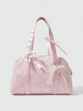 Bolso de Mano Kawaii Rosa de tela Corduroy con Moños blancos