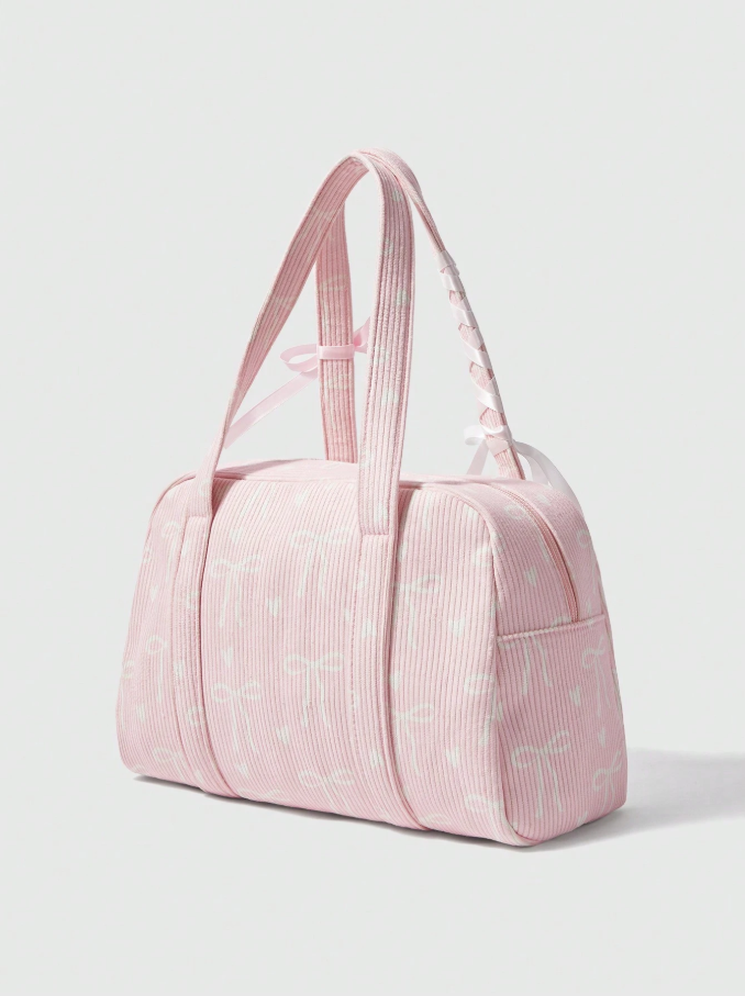 Bolso de Mano Kawaii Rosa de tela Corduroy con Moños blancos