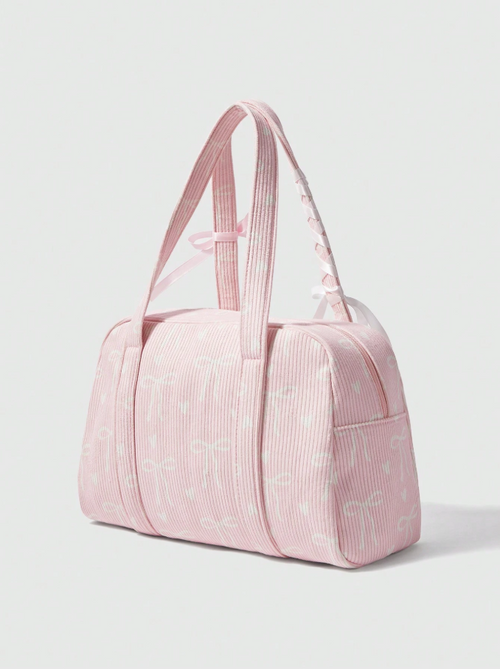 Bolso de Mano Kawaii Rosa de tela Corduroy con Moños blancos
