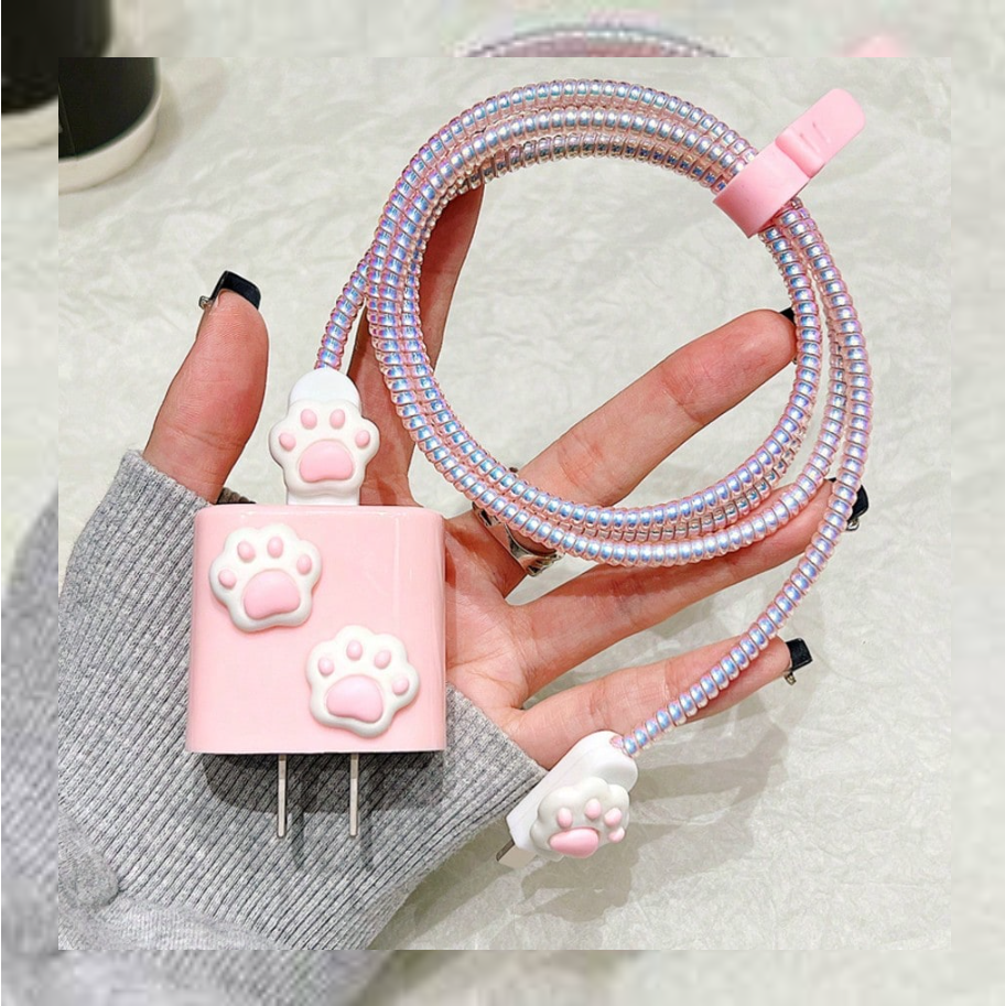 Estuche organizador de cargador rosa con pata de gato blanco