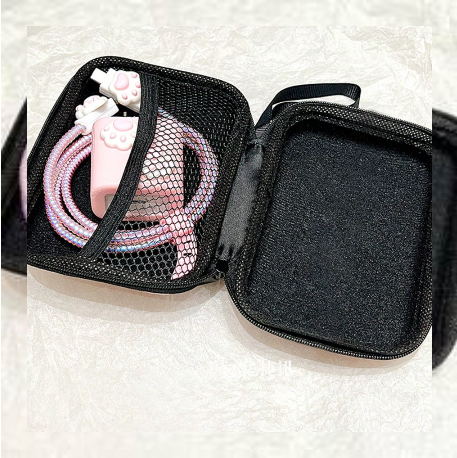 Estuche organizador de cargador rosa con pata de gato blanco