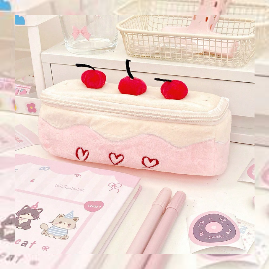 Estuche para lápices de peluche con diseño de pastel de cereza