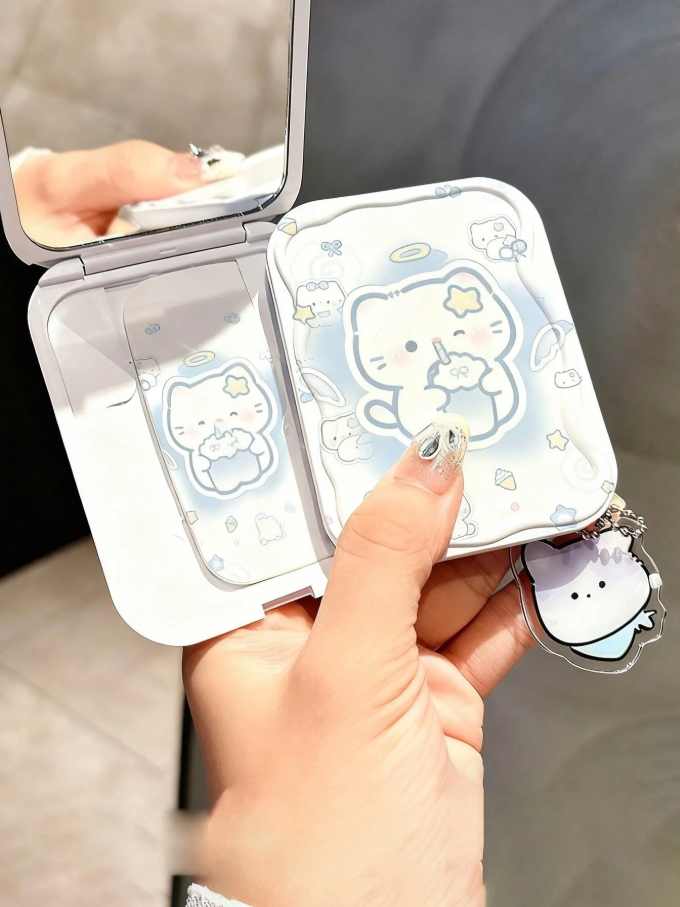 Espejo compacto con peine con diseño de gatito (sin llavero)