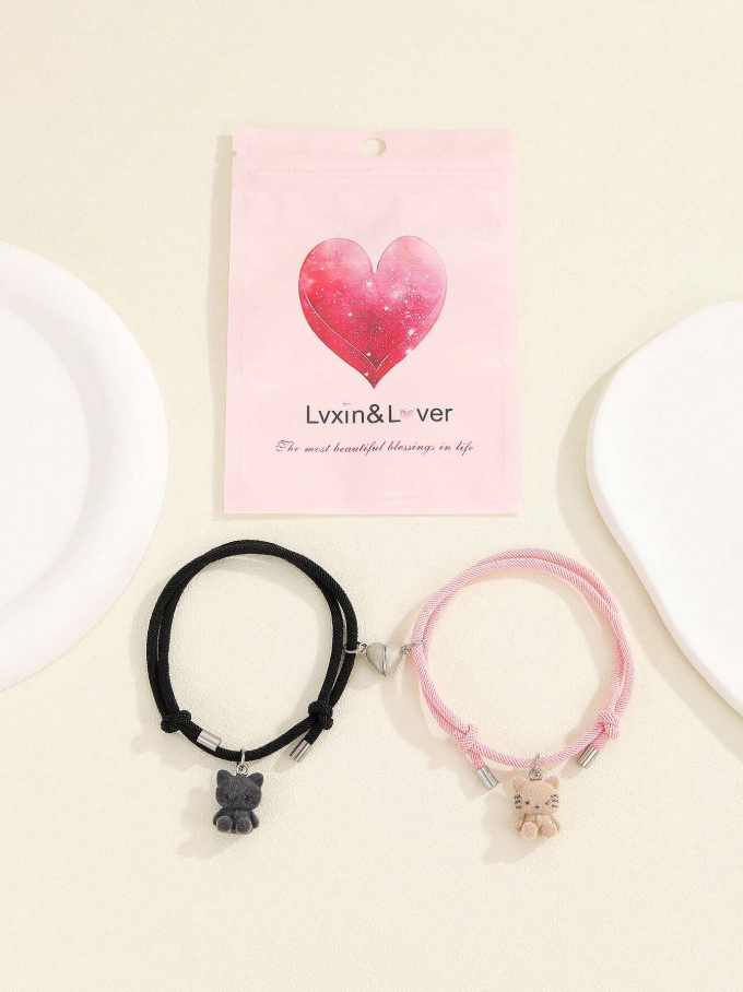 Set de pulseras luminosas para parejas con dije de gato