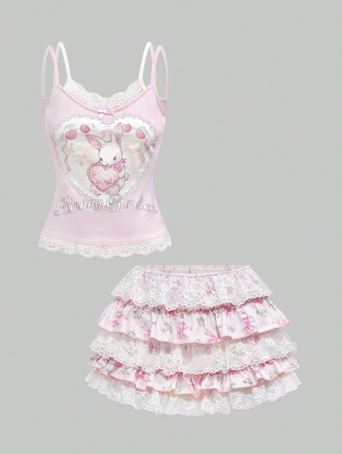Conjunto de 2 piezas con estampado de conejo y encaje (Falda y Camisa)