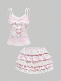 Conjunto de 2 piezas con estampado de conejo y encaje (Falda y Camisa)