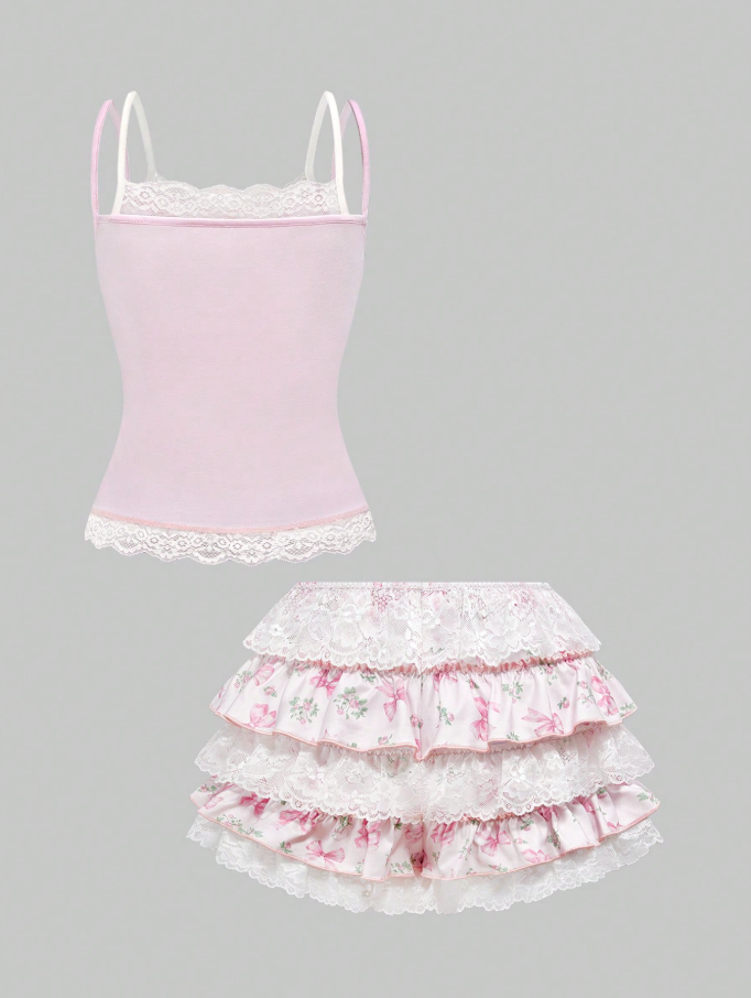 Conjunto de 2 piezas con estampado de conejo y encaje (Falda y Camisa)