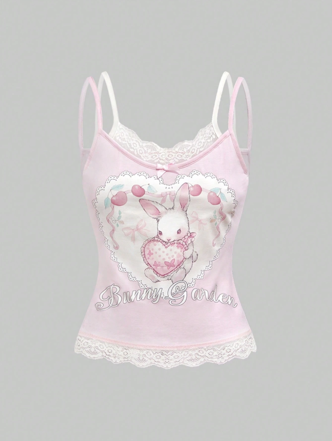 Conjunto de 2 piezas con estampado de conejo y encaje (Falda y Camisa)