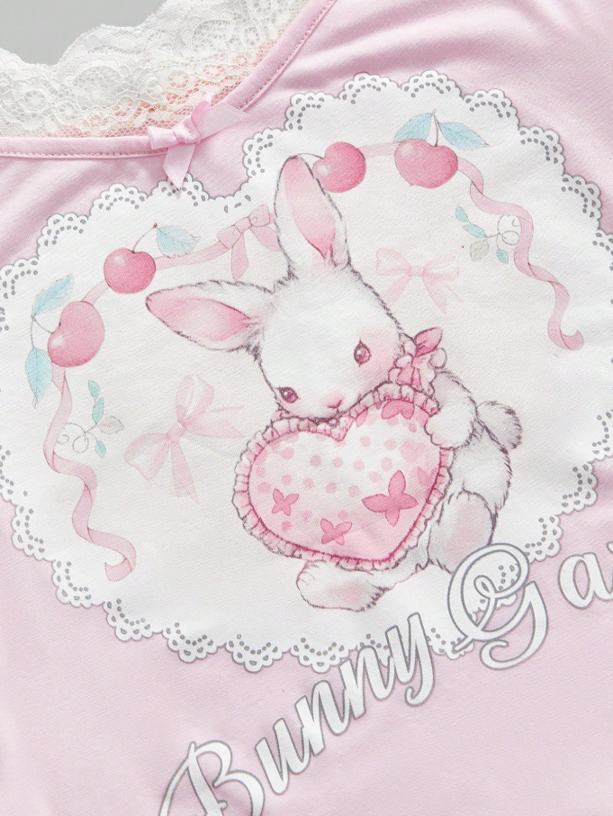 Conjunto de 2 piezas con estampado de conejo y encaje (Falda y Camisa)