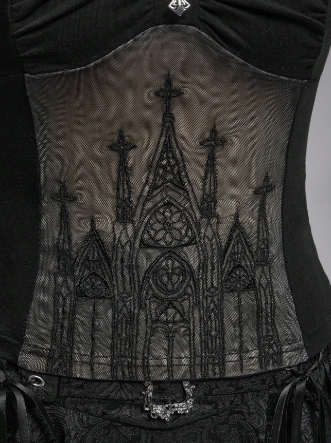 Camisa de tirantes negra con encaje de catedral y forma de cruz