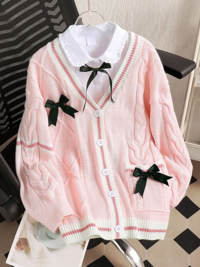 Cárdigan Y2K Rosa con Lazo negro – Estilo Japonés Vintage