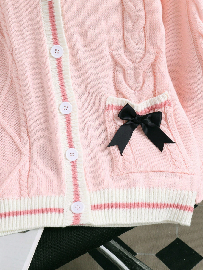 Cárdigan Y2K Rosa con Lazo negro – Estilo Japonés Vintage