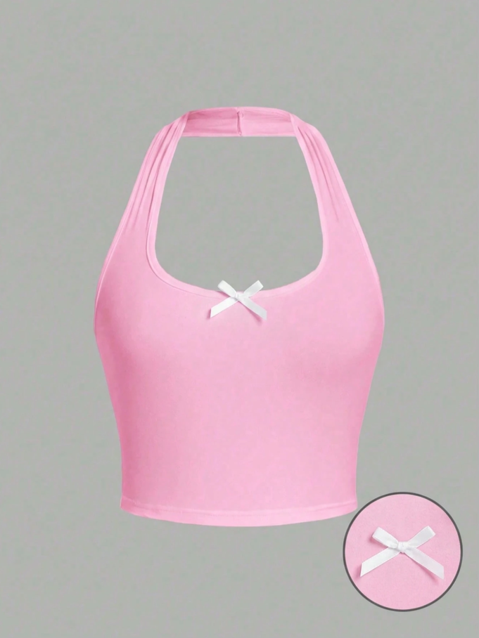 Top sin mangas ajustado con cuello halter Rosa