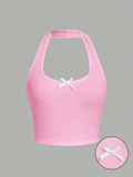 Top sin mangas ajustado con cuello halter Rosa