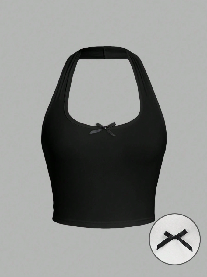 Top sin mangas ajustado con cuello halter Negro