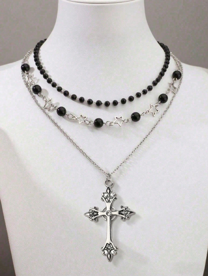 Set de 3 collares góticos con perlas negras y cruz