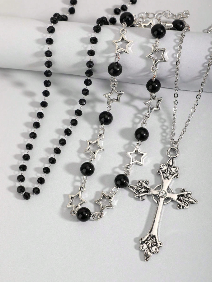 Set de 3 collares góticos con perlas negras y cruz