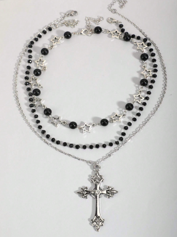 Set de 3 collares góticos con perlas negras y cruz