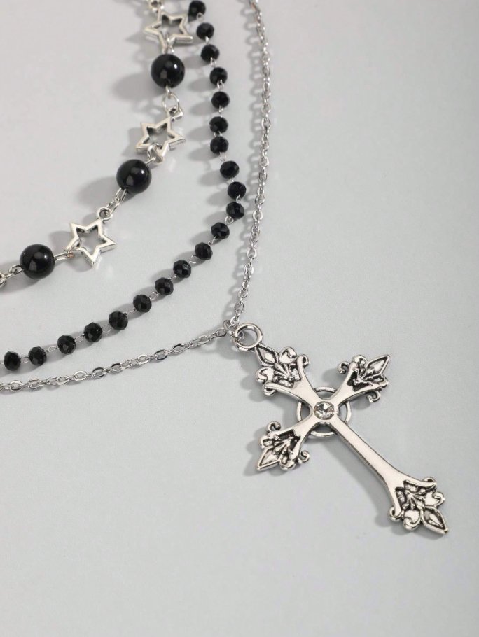 Set de 3 collares góticos con perlas negras y cruz