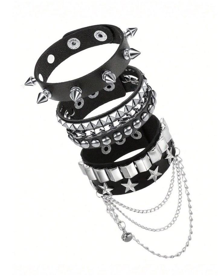 Brazaletes de púas con remaches de estrellas y cadenas
