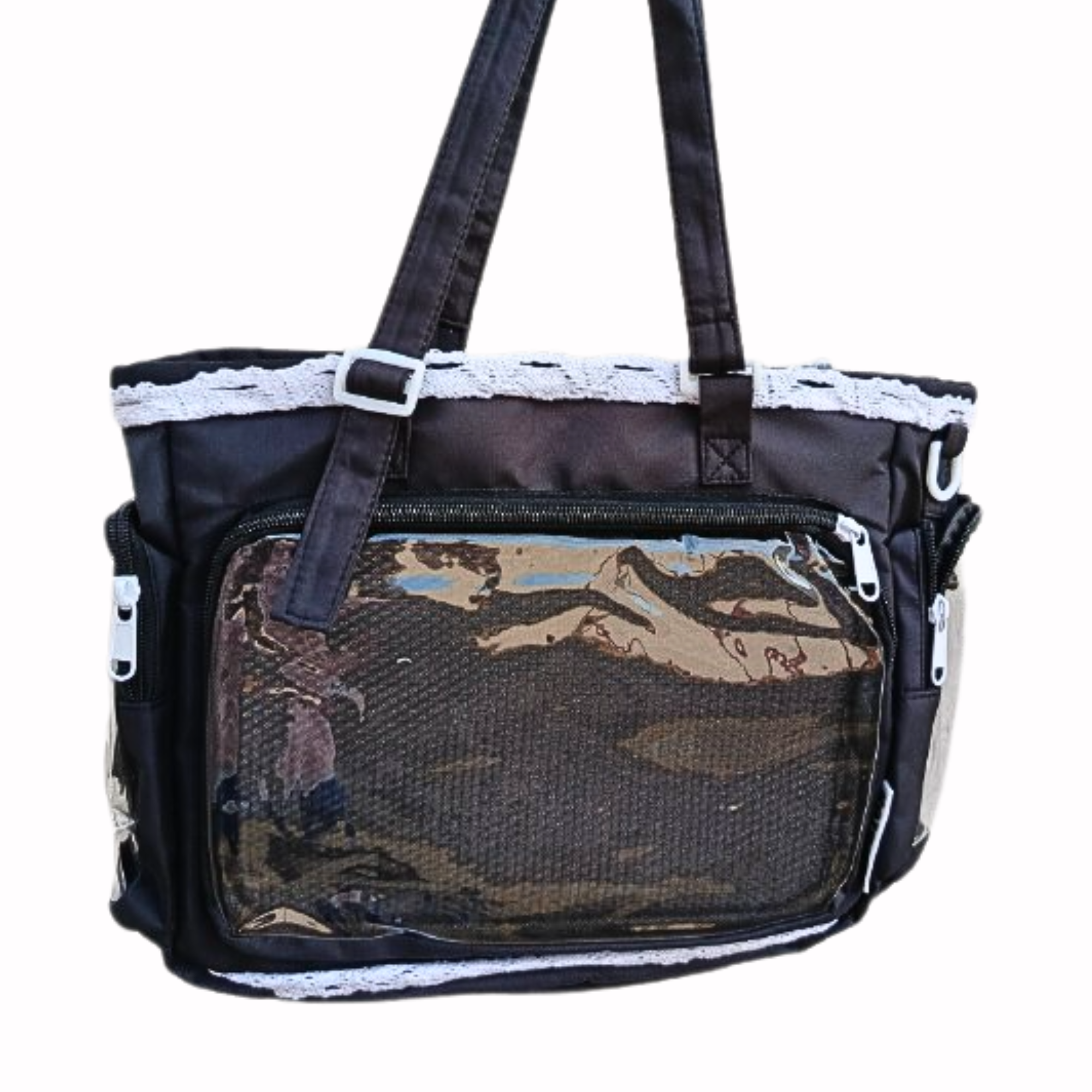 Bolso de tela grande negro con encaje blanco