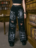 Jeans Vaqueros Anchos Góticos con Estampado de Símbolos y Efecto Desgastado
