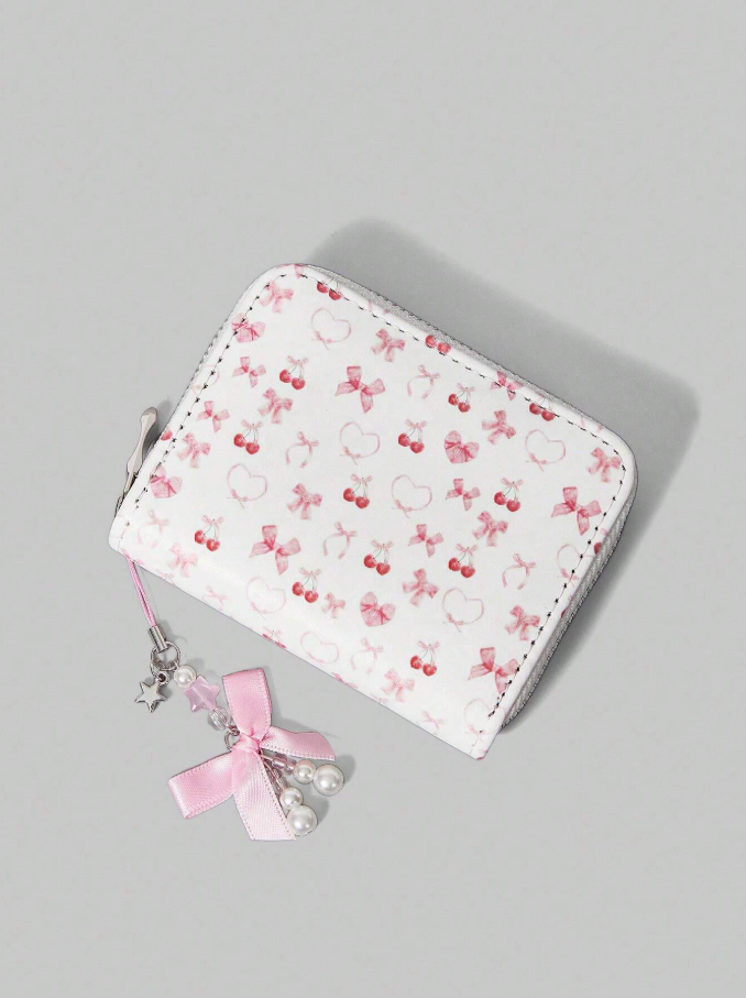 Monedero con cremallera minimalista con decoración de cerezas y lazo