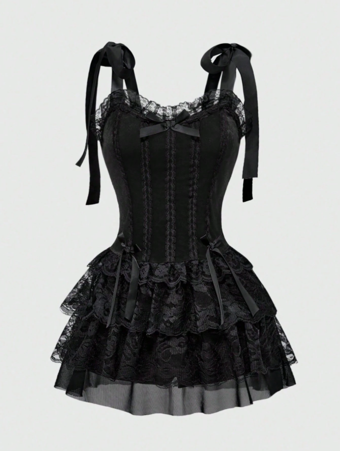 Vestido Corset Midi Gótico de Terciopelo con Encaje