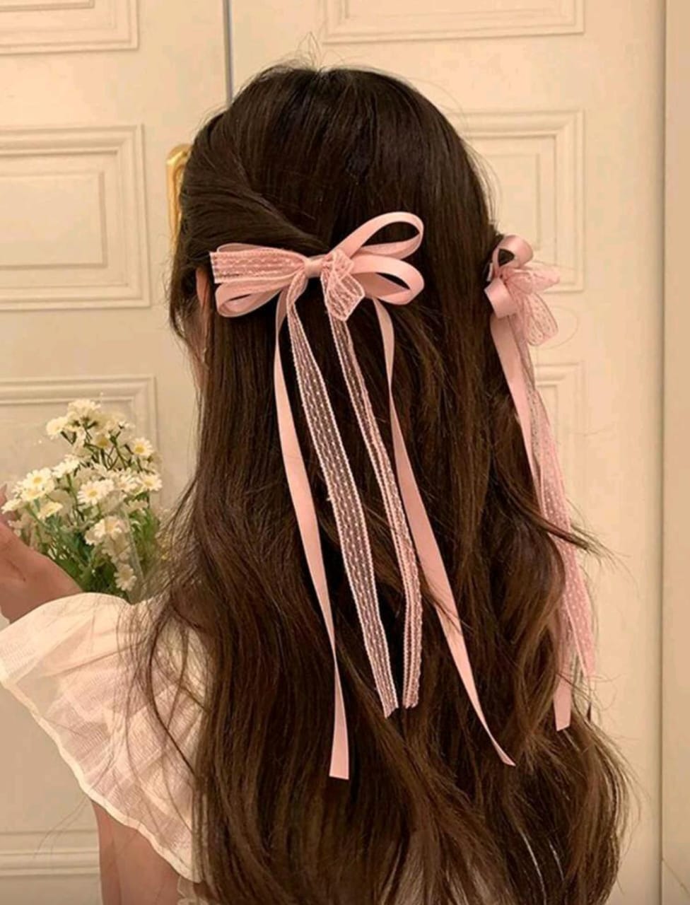 Set de 2 lazos rosados con encaje