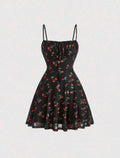 Vestido negro con cerezas rojas