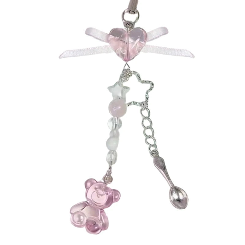 Llavero de oso rosa con lazo blanco